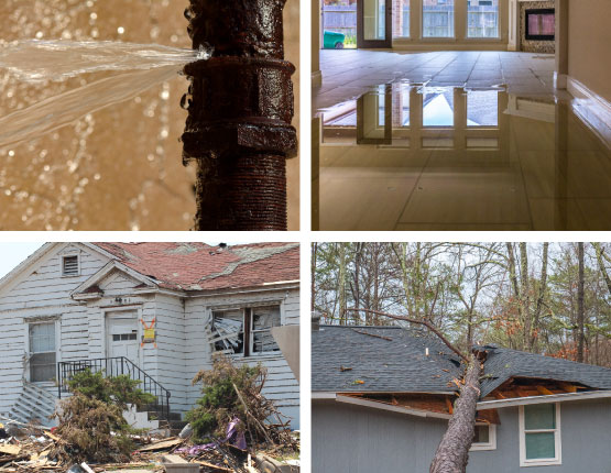 Collage of broken pipe, water damaged floor, storm damaged house and wind damage property