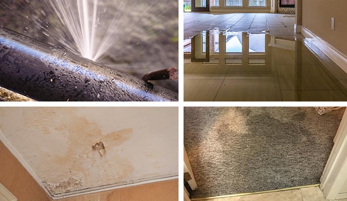 Collage of broken water pipe, flood damaged floor, water damaged ceiling and water damaged carpet