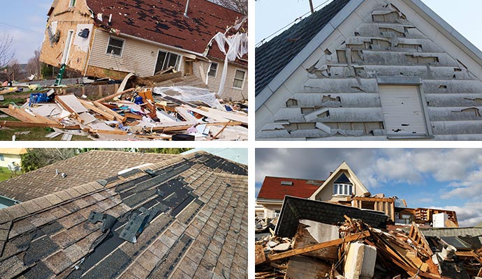 Collage of hurricane damaged property, hail damaged property, damaged house roof and disaster damaged property