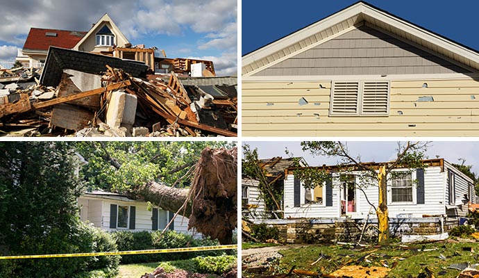 Collage of hurricane, hail, wind, and tornado damaged property