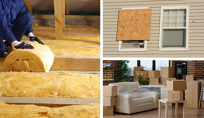 Collage showing insulation replacement, board-up, and contents pack-out services