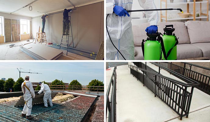 Collage of reconstruction disinfecting service asbestos removal and ADA compliant ramp