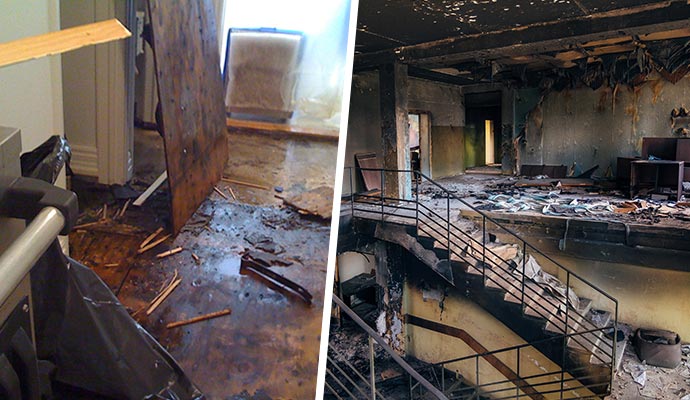 Collage showing residential areas damaged by water and fire