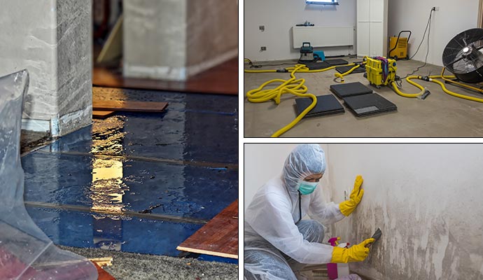 Collage showing water damage restoration and mold removal services