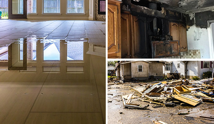 Collage of water, fire and storm damaged properties