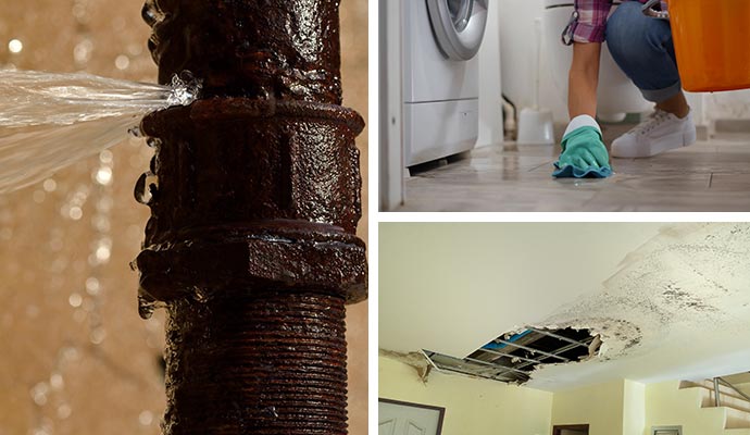 Collage showing water pipe break, washing machine leak, and structural ceiling damage