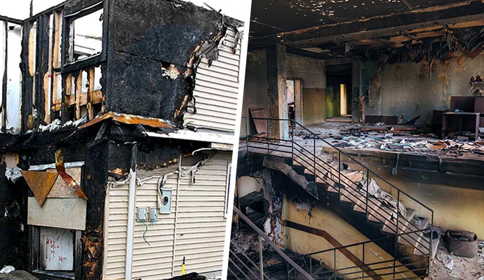 Collage showing fire damage in commercial and residential properties