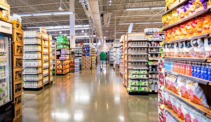 Clean retail store interior with neatly organized shelves and well-arranged products