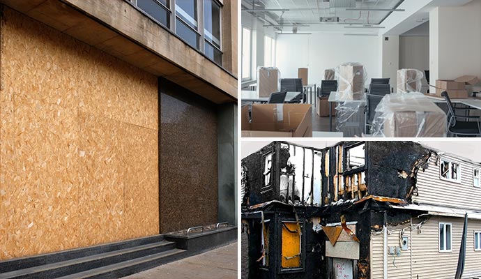 A boarded-up commercial entrance, content packed-up in an office and a fire-damaged residential building exterior