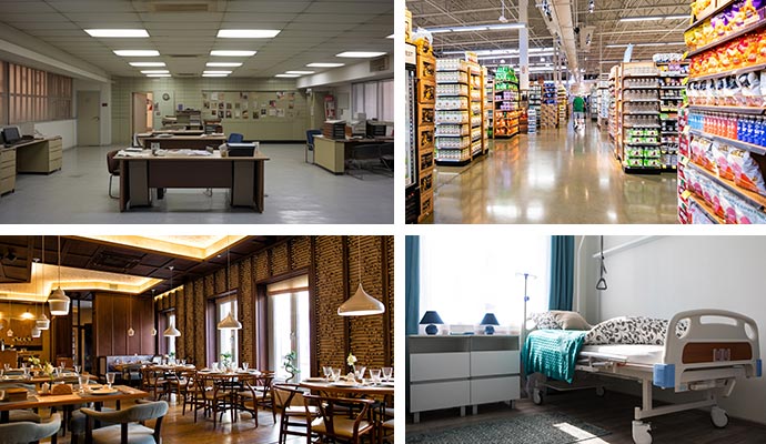 Collage of clean office retail shop restaurants  and hospital