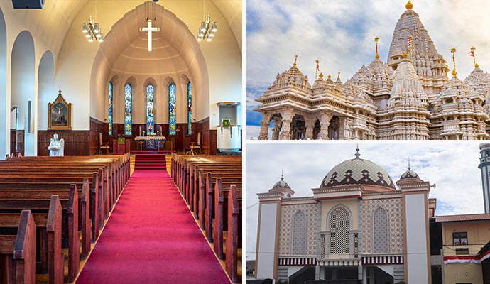 Collage showing the interior of a church and the exterior views of a temple and mosque