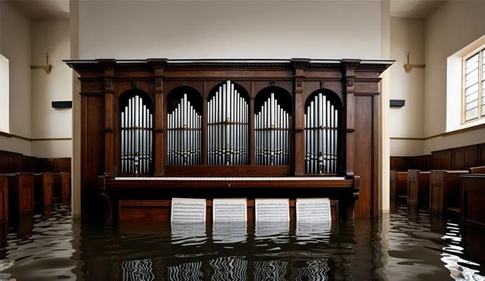 Flooded church interior with standing water on the floor