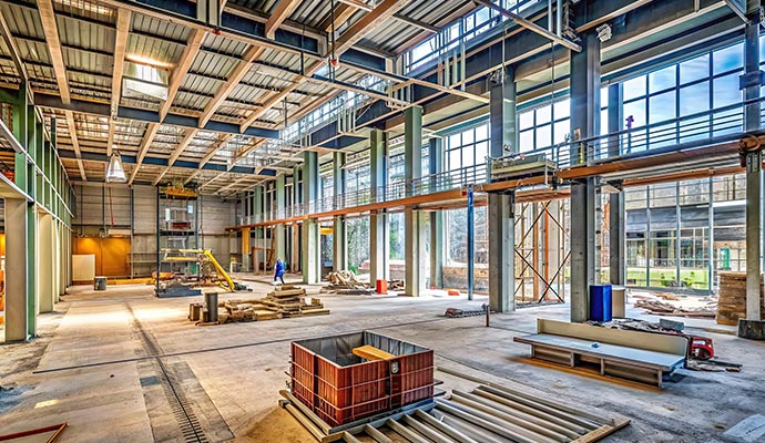 Construction site of a large industrial retail store showing exposed steel structure, concrete flooring and scattered materials