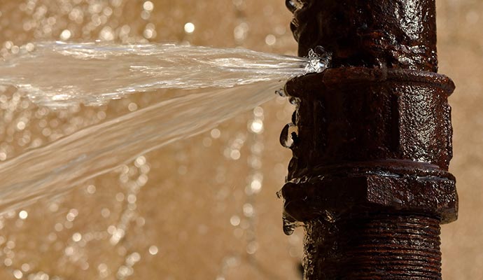 Close-up of a rusty metal pipe leaking water