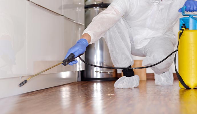 A person using equipment to disinfect