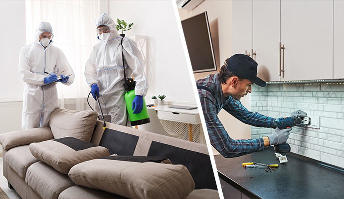 Collage of disinfection and handyman service