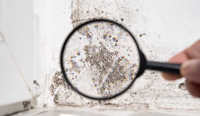 A person inspecting black mold on a wall A person inspecting black mold on a wall