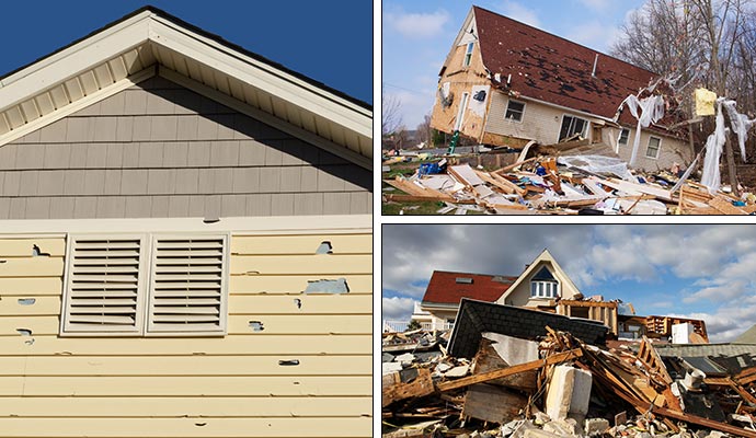 Collage showing different storm-damaged residential properties