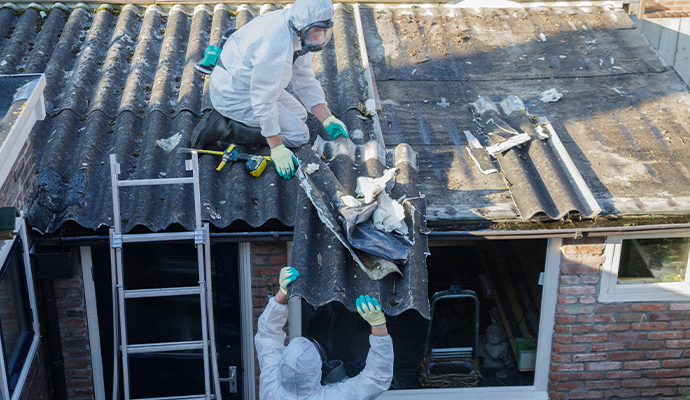 Professional workers safely removing damaged asbestos material
