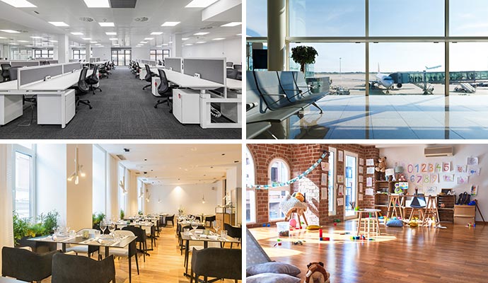 Collage of a modern office, airport, restaurant, and daycare.