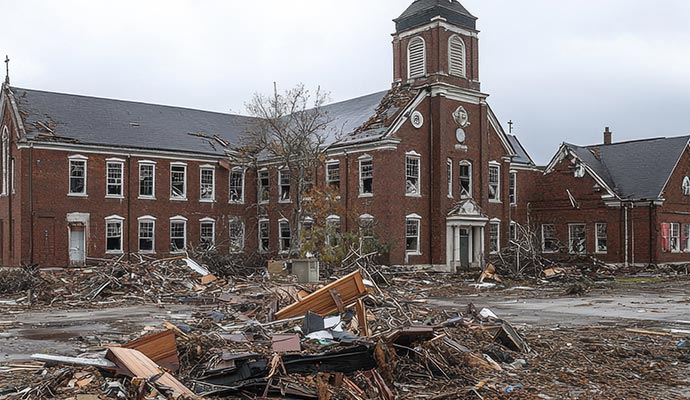 A building severely damaged by storm