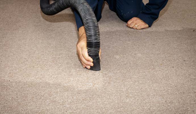 A person using a vacuum hose to clean a carpet
