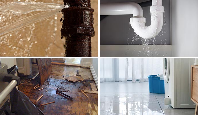 Collage of broken water pipe, water pipe leakage, water damaged wooden floor and leaky appliance