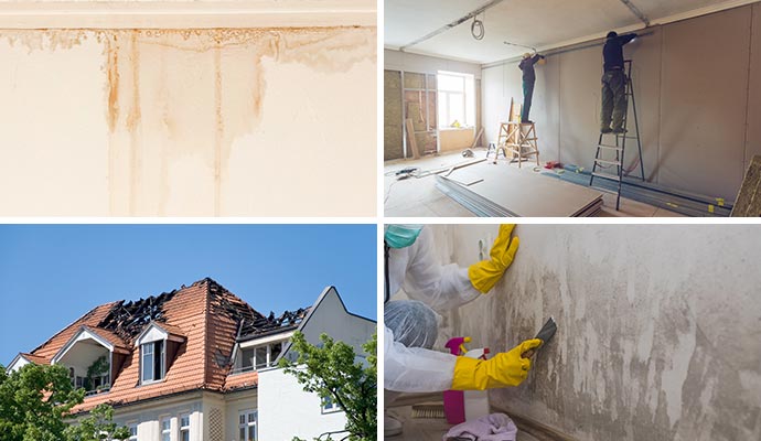 Collage of mold damaged wall, reconstruction service, fire damaged roof and mold remediation service