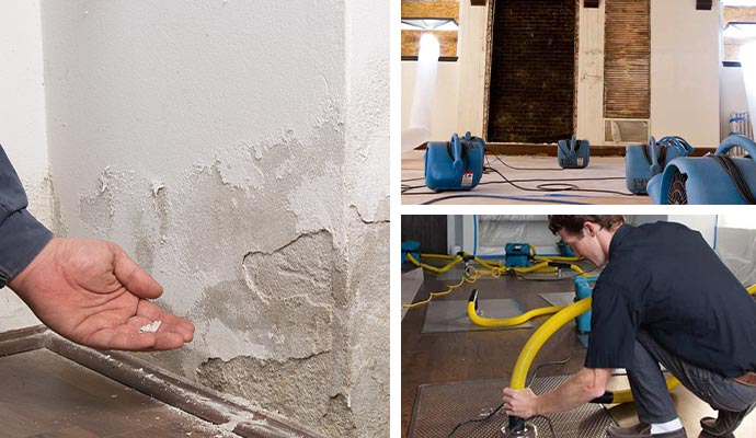 Collage of water damage restoration process and mold inspection