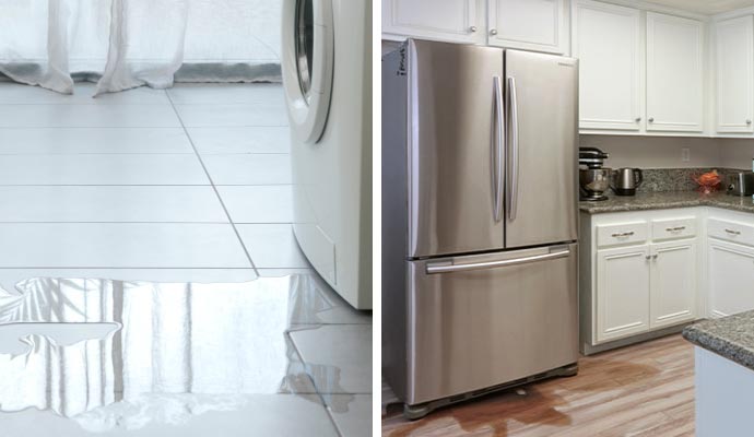Collage of leaky washing machine and refrigerator