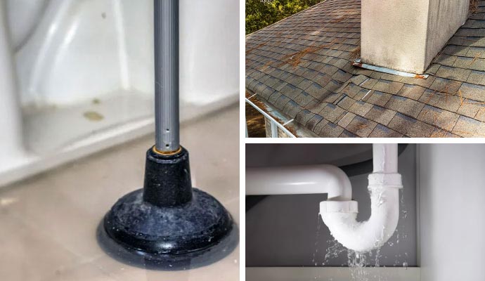 Collage of toilet overflow, damaged roof and leaky plumbing