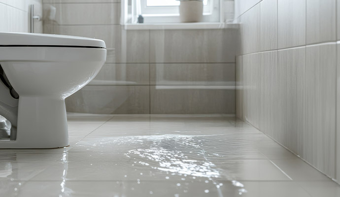 Water damaged bathroom floor due to toilet overflow