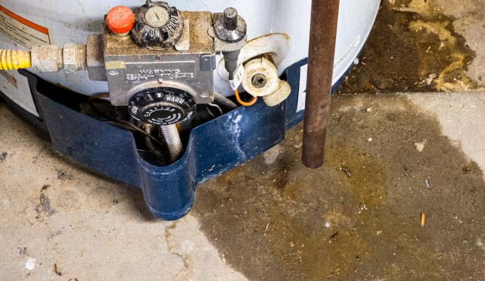 A leaking water heater with rust and water pooling on the floor