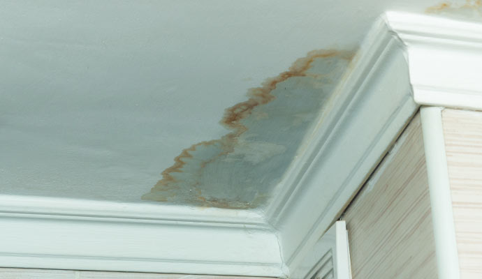 Water damage stain on the ceiling in the corner of a room