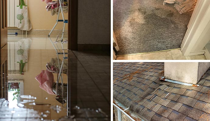 A collage of water damaged floors, carpet and roof